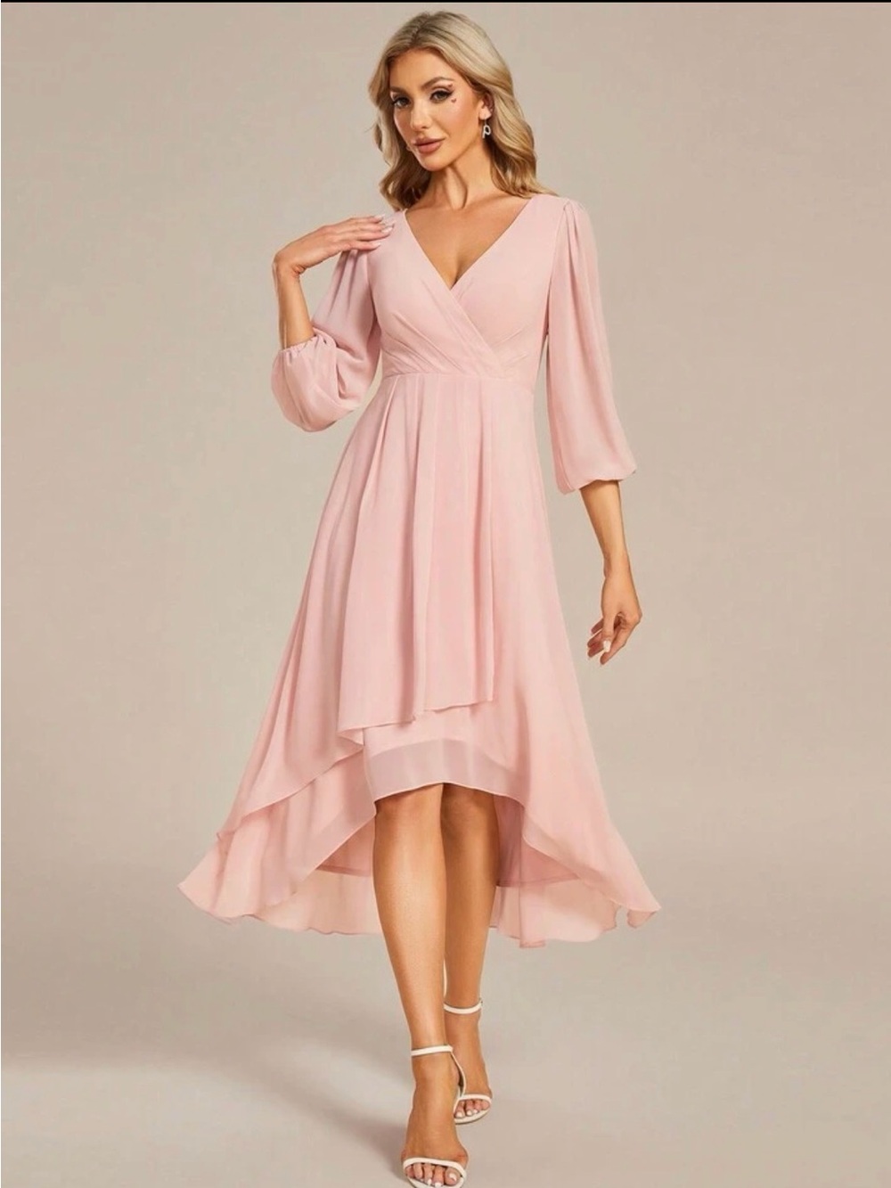 Ever Pretty Soft Pink V-Neck High-Low Chiffon Dress